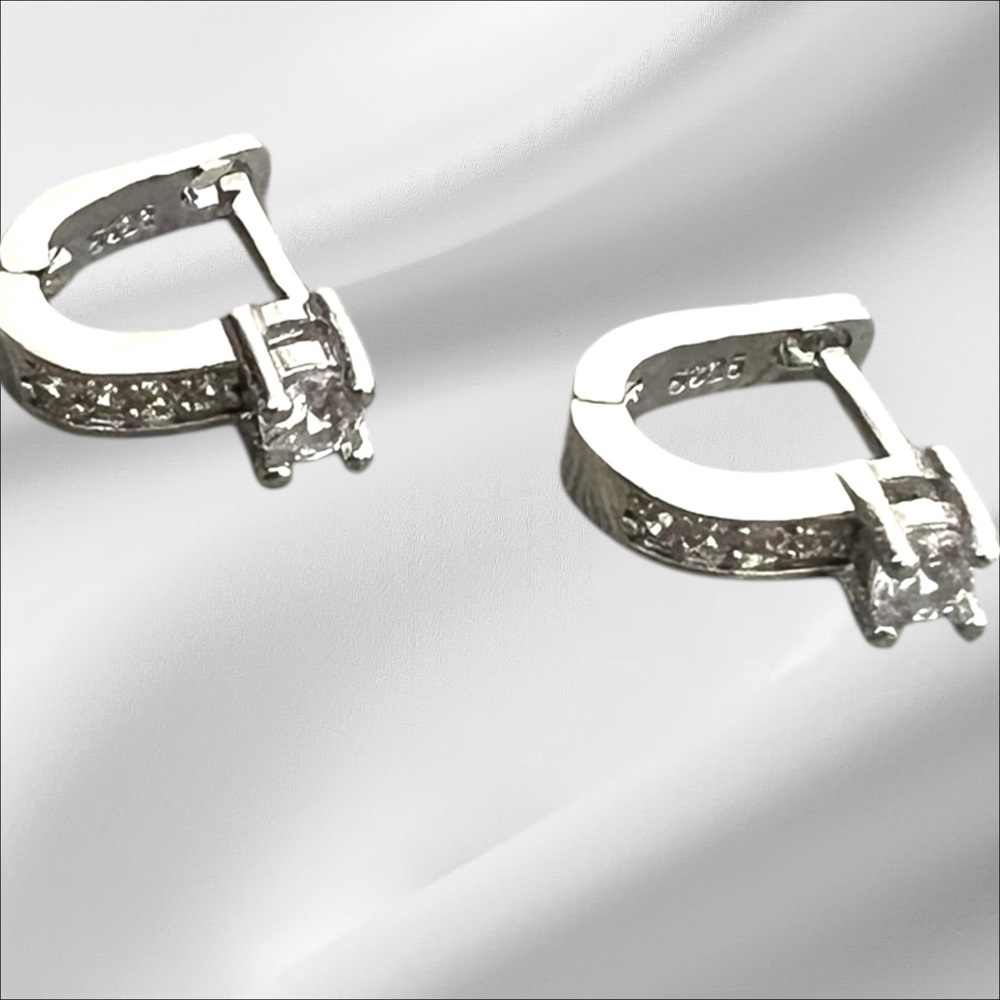 Elegant small Silver Hoop Earrings clear CZ stones, stamped .925